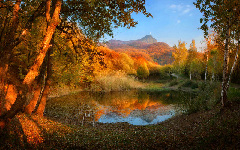 Autumn Forest Pond — Orange, Serene, Photograph, Trees, Mountain