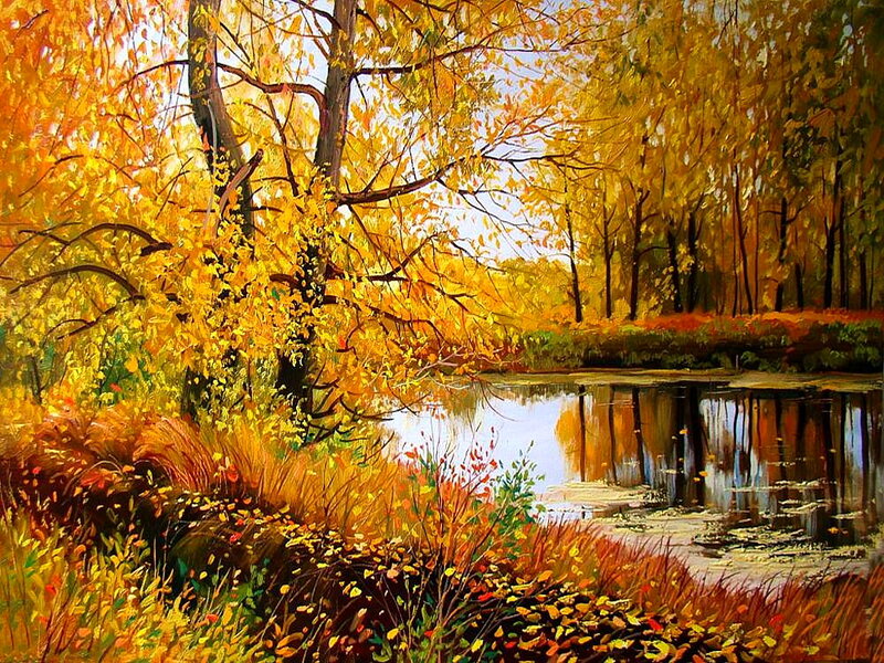 Autumn Forest Pond — Yellow, Serene, Painting