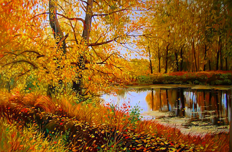 Autumn Forest Pond — Yellow, Serene, Painting, Trees