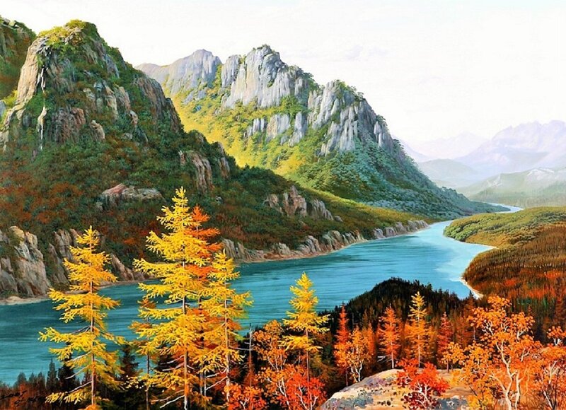 Autumn Forest River — Blue, Serene, Painting, Mountains