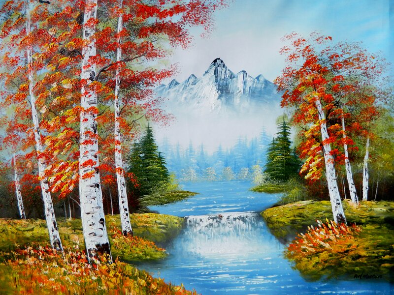 Autumn Forest River — Blue, Serene, Painting