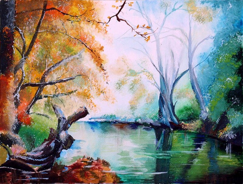 Autumn Forest River — Green, Serene, Painting