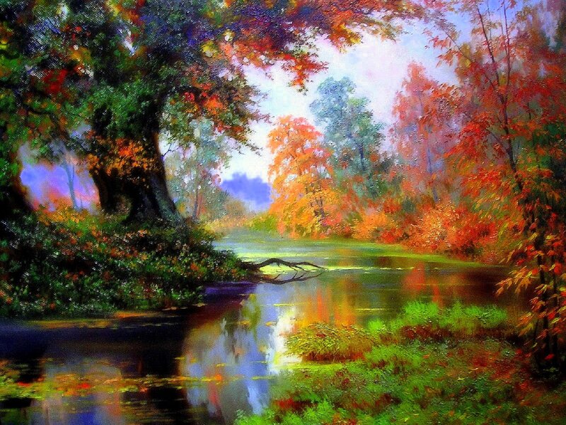 Autumn Forest River — Green, Serene, Painting, Trees