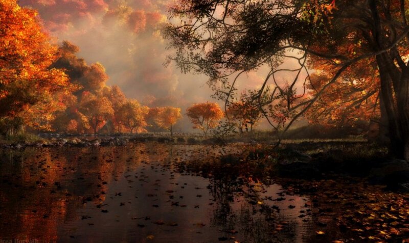 Autumn Forest River — Orange, Serene, Digital Art