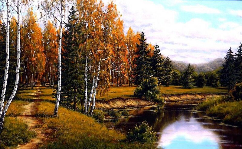 Autumn Forest River — Orange, Serene, Painting