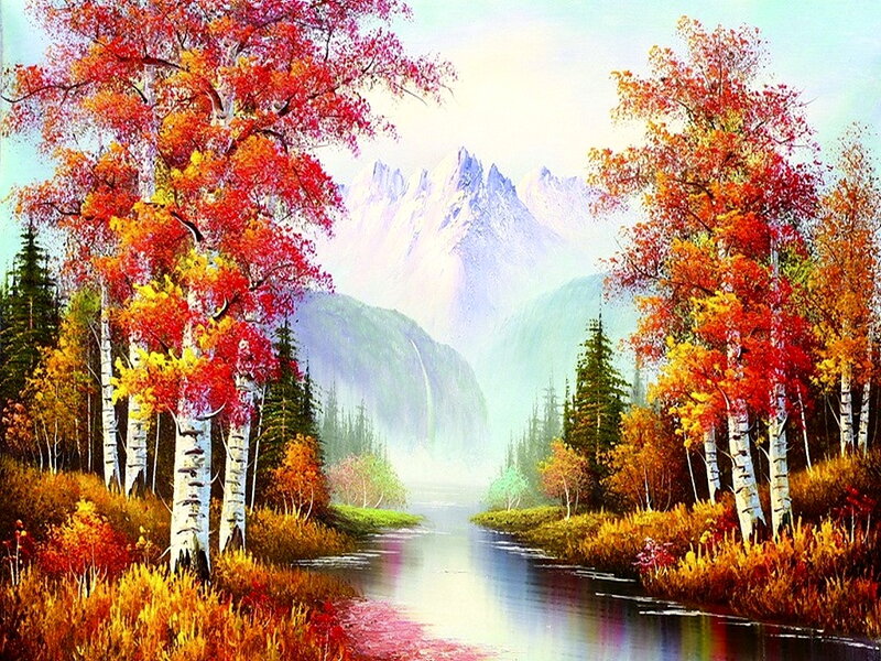 Autumn Forest River — Red, Serene, Painting