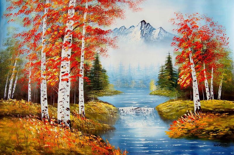 Autumn Forest River — Red, Serene, Painting, Trees