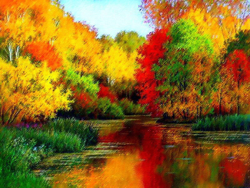 Autumn Forest River — Red, Serene