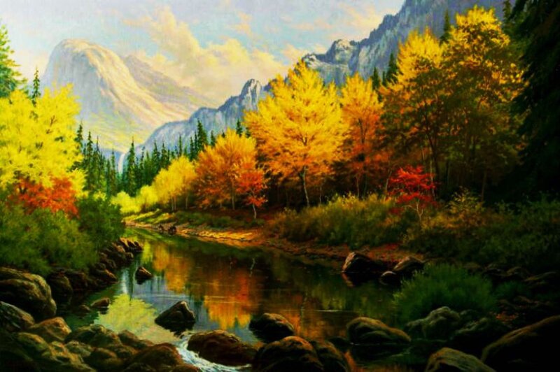 Autumn Forest River — Yellow, Serene, Painting