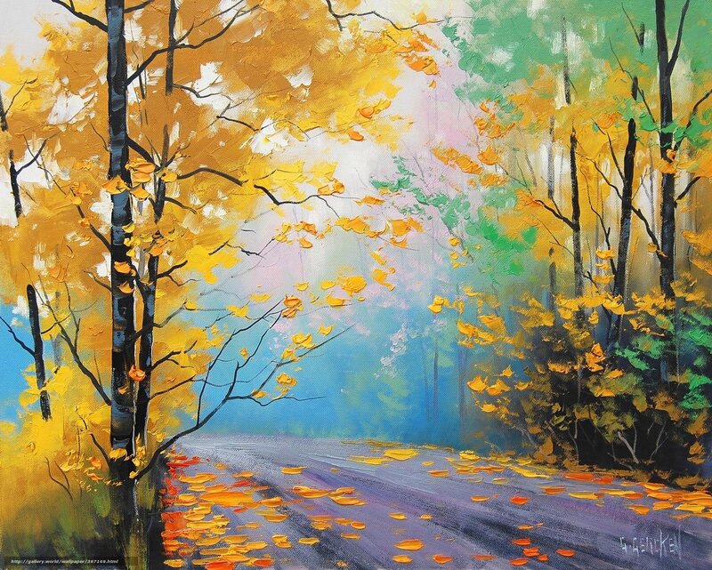 Autumn Forest Road — Yellow, Serene, Painting, Trees