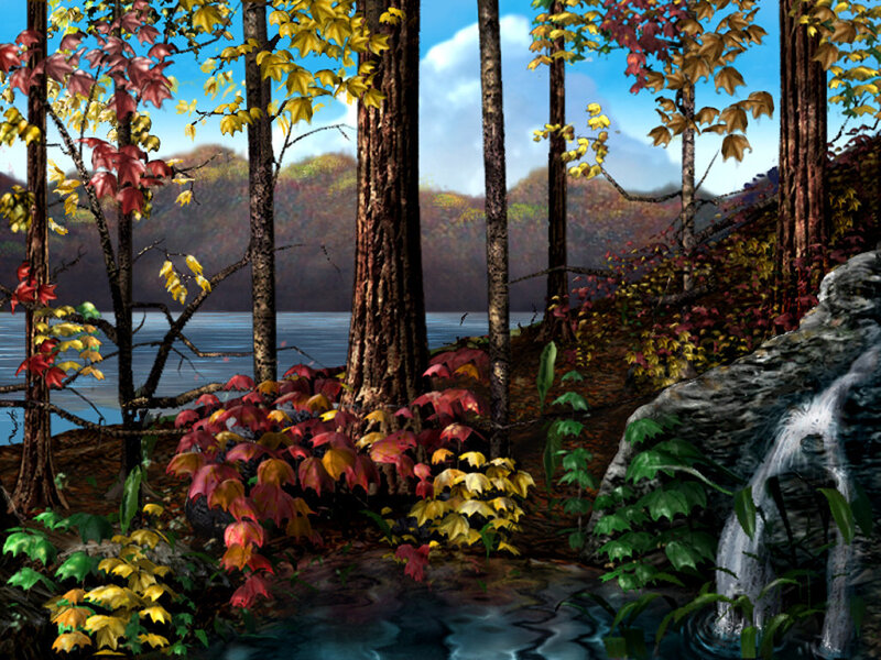 Autumn Forest Scene — Green, Serene, Digital Art