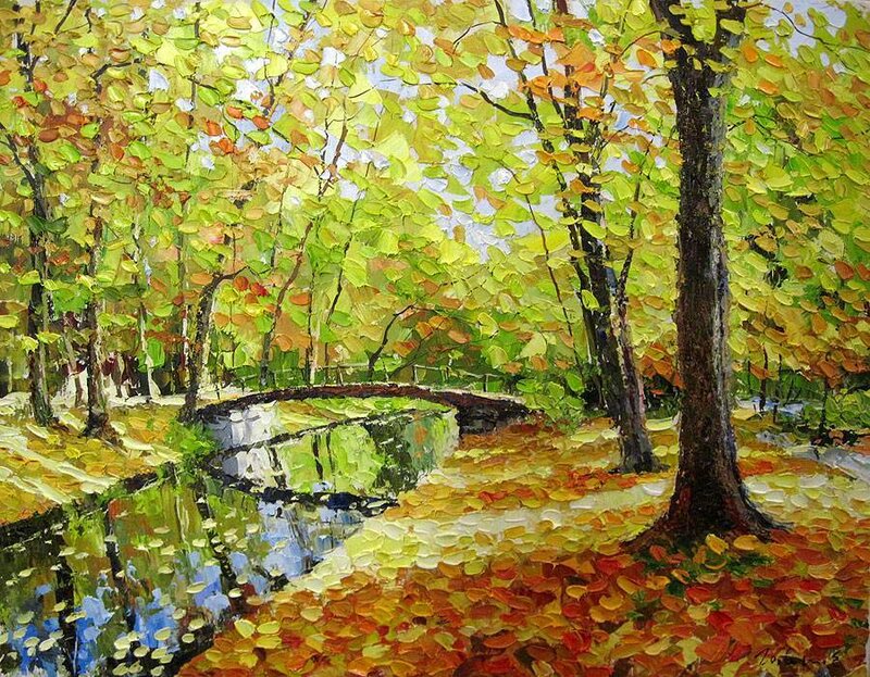 Autumn Forest Scene — Green, Serene, Painting
