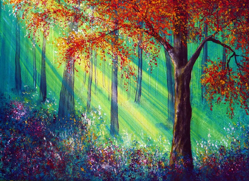 Autumn Forest Scene — Green, Serene, Painting, Trees, Sunlight