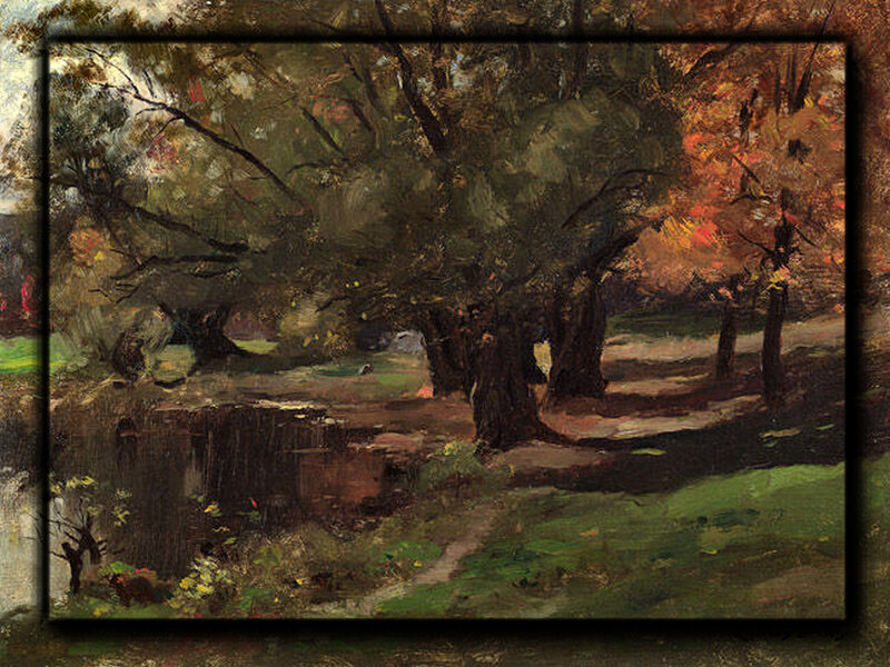 Autumn Forest Scene — Green, Serene, Painting, Trees