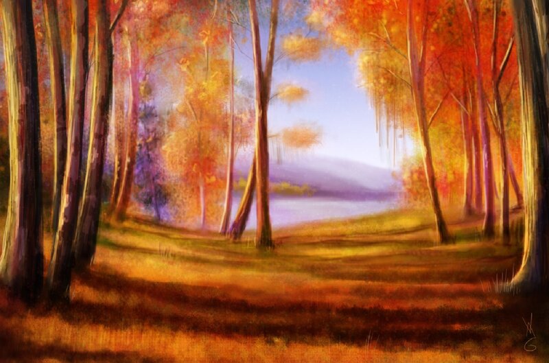 Autumn Forest Scene — Orange, Serene, Digital Art, Trees, Lake