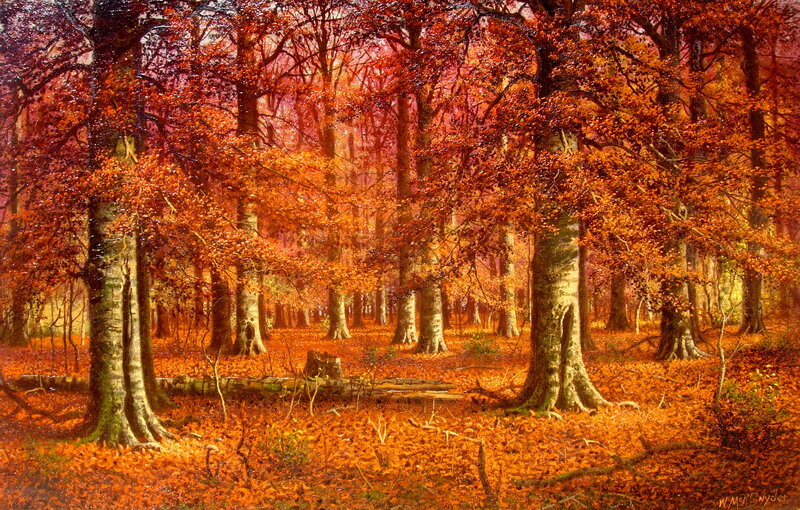 Autumn Forest Scene — Orange, Serene, Painting