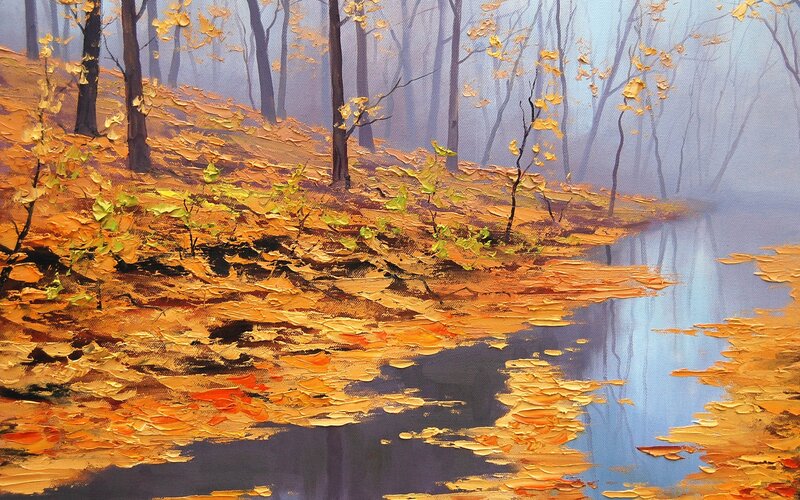 Autumn Forest Scene — Orange, Serene, Painting, Trees, River