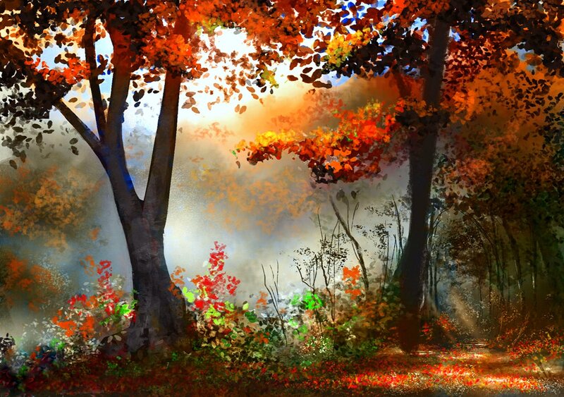 Autumn Forest Scene — Orange, Serene, Painting, Trees