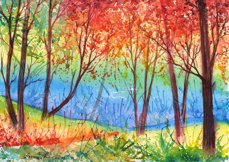 Autumn Forest Scene — Red, Serene, Painting