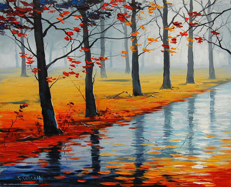 Autumn Forest Scene — Red, Serene, Painting, Trees, River