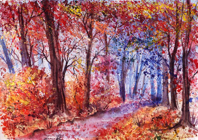 Autumn Forest Scene — Red, Serene, Painting, Trees
