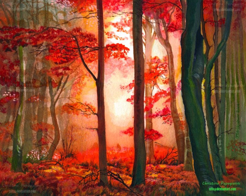 Autumn Forest Scene — Red, Serene, Sunset