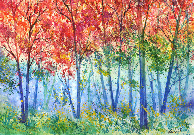 Autumn Forest Scene — Red, Serene