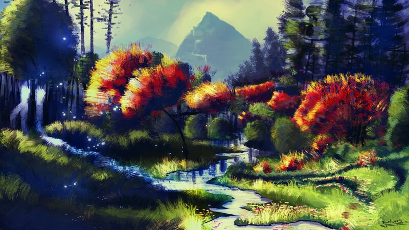 Autumn Forest Stream — Green, Serene, Digital Art