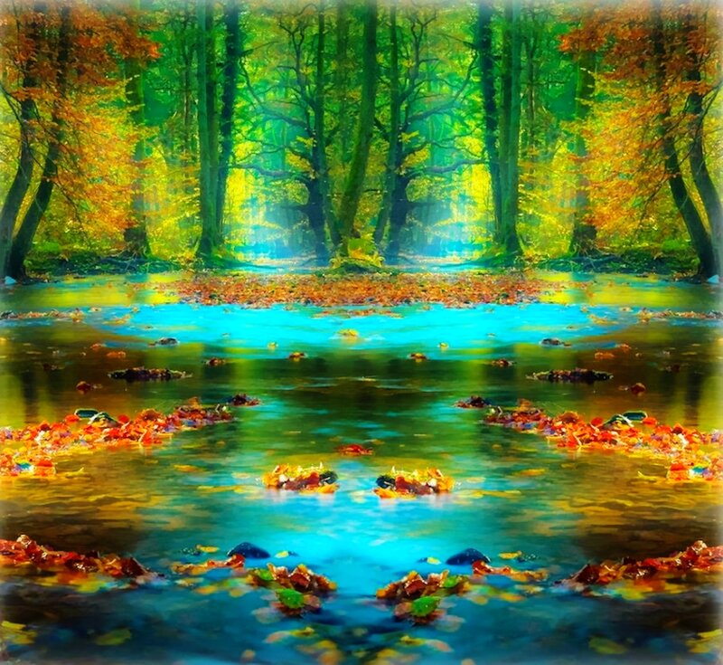 Autumn Forest Stream — Green, Serene, Digital Art, Trees, Leaves