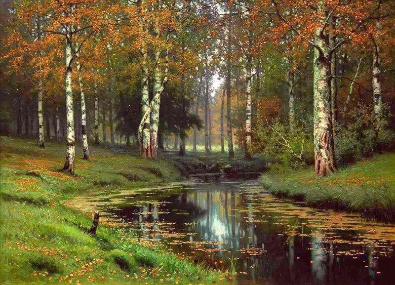 Autumn Forest Stream — Green, Serene, Painting