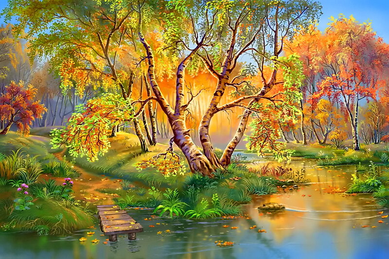 Autumn Forest Stream — Green, Serene, Painting, Trees
