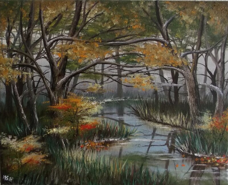 Autumn Forest Stream — Green, Serene, Painting, Trees, Water