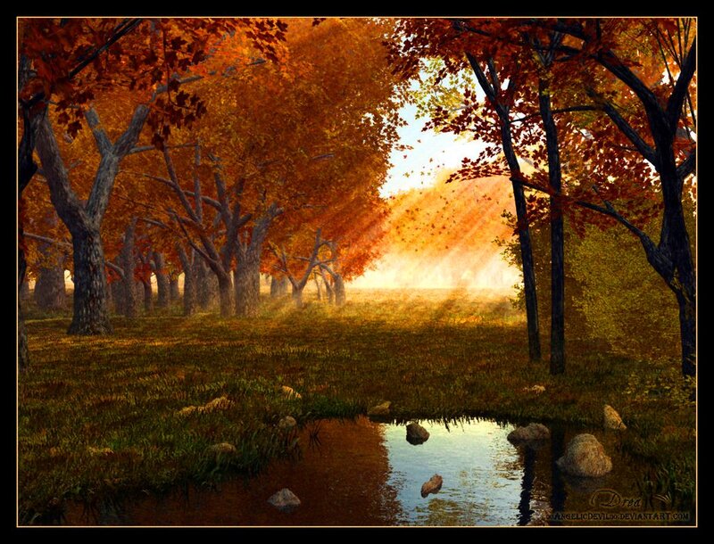 Autumn Forest Stream — Orange, Serene, Digital Art