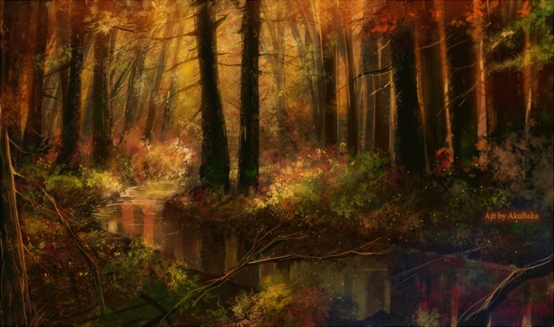Autumn Forest Stream — Orange, Serene, Digital Art, Trees, Fallen Leaves