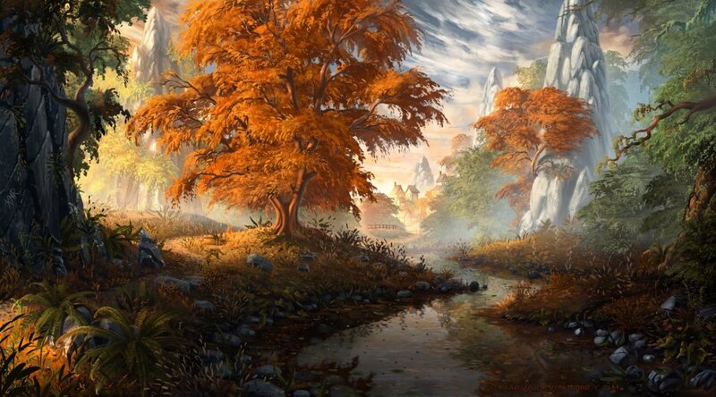 Autumn Forest Stream — Orange, Serene, Digital Art, Trees, Mountains
