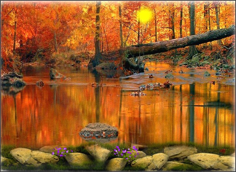 Autumn Forest Stream — Orange, Serene, Digital Art, Trees, River