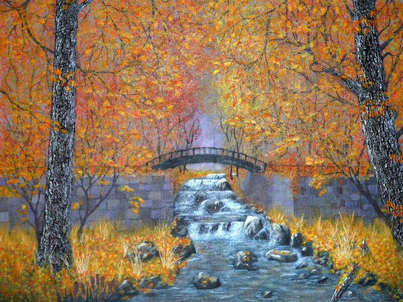 Autumn Forest Stream — Orange, Serene, Painting, Bridge