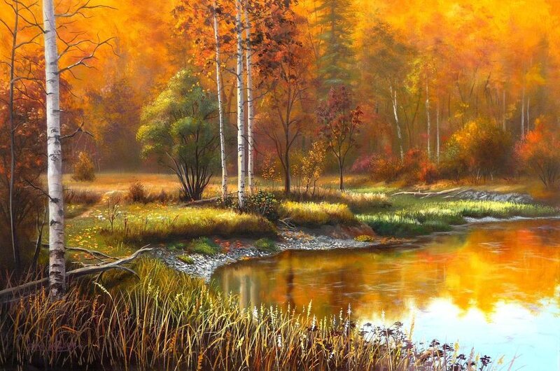Autumn Forest Stream — Orange, Serene, Painting