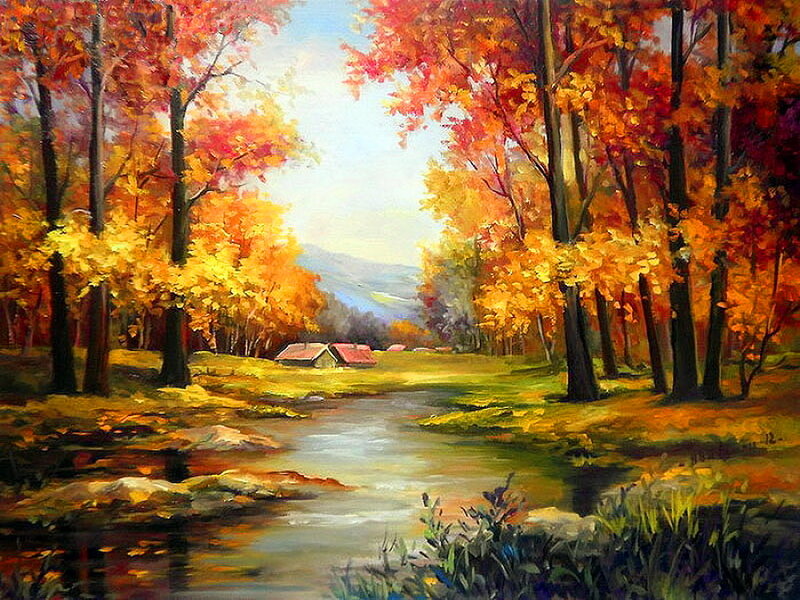 Autumn Forest Stream — Orange, Serene, Painting, Trees, Cabin, River