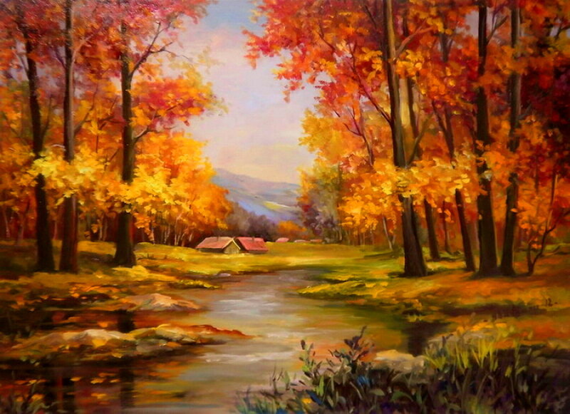Autumn Forest Stream — Orange, Serene, Painting, Trees, Cabin