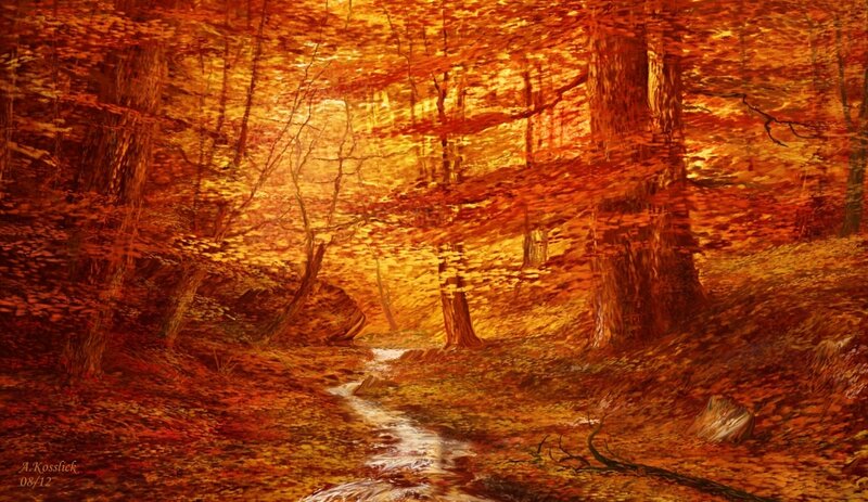 Autumn Forest Stream — Orange, Serene, Painting, Trees, Leaves