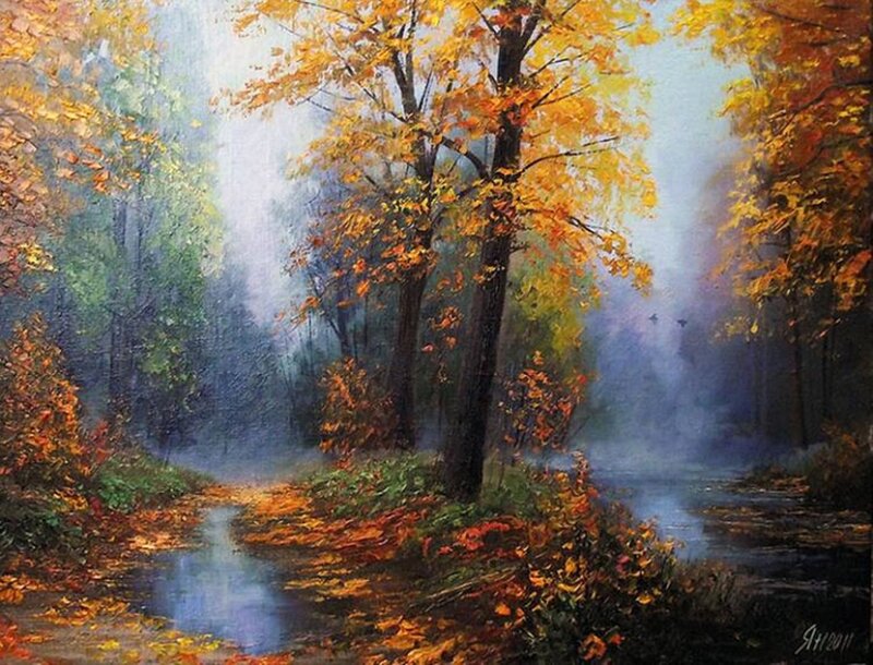 Autumn Forest Stream — Orange, Serene, Painting, Trees, River, Fallen Leaves