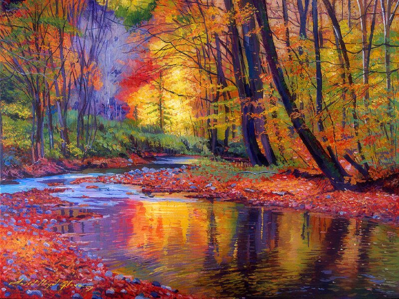Autumn Forest Stream — Orange, Serene, Painting, Trees, River, Leaves