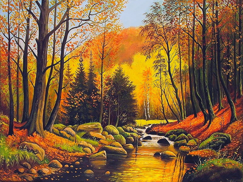 Autumn Forest Stream — Orange, Serene, Painting, Trees, River, Rocks