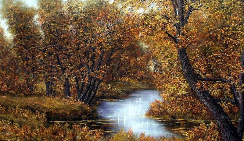 Autumn Forest Stream — Orange, Serene, Painting, Trees, River