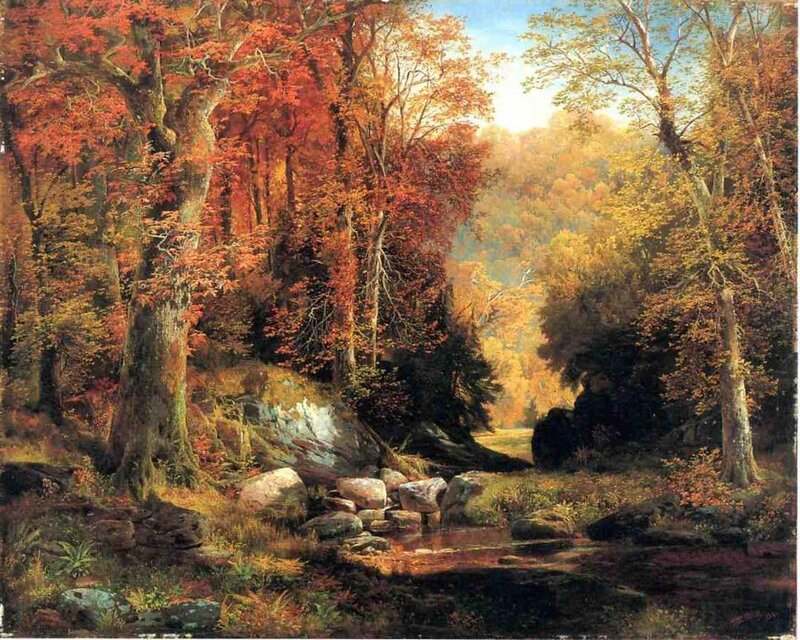 Autumn Forest Stream — Orange, Serene, Painting, Trees