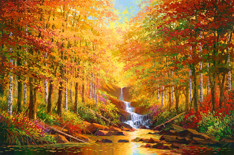 Autumn Forest Stream — Orange, Serene, Painting, Trees, Waterfall