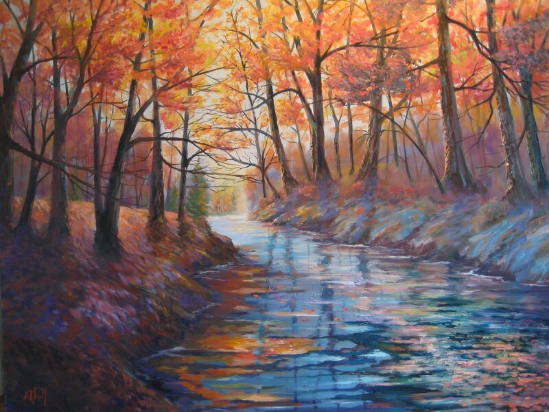 Autumn Forest Stream — Orange, Serene