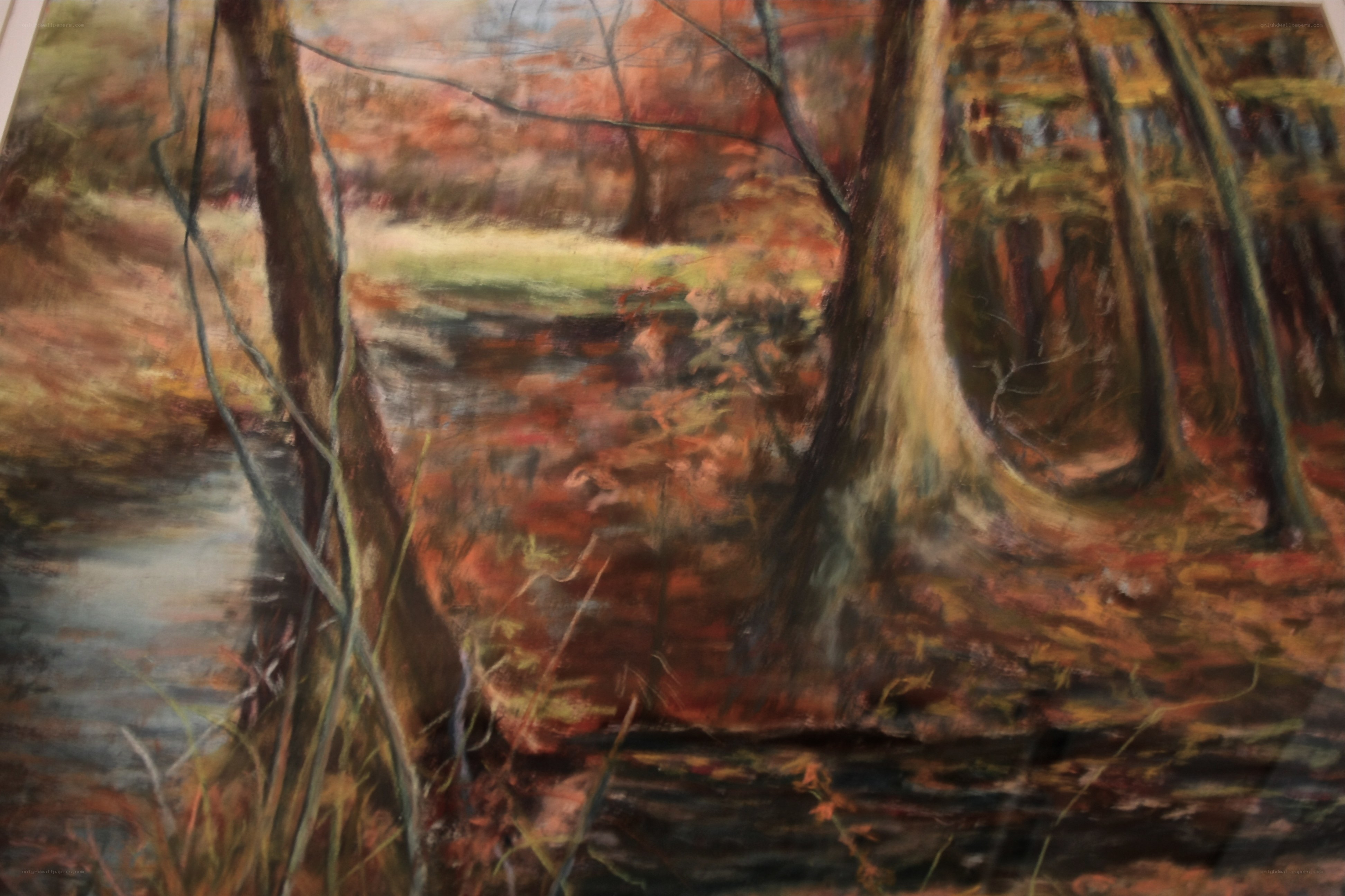 Autumn forest stream painting