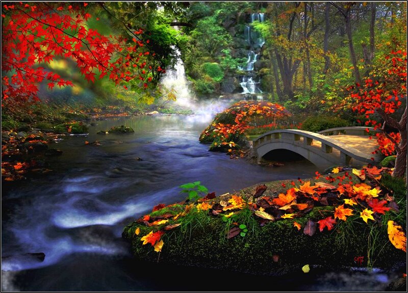 Autumn Forest Stream — Red, Serene, Digital Art